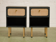 Load image into Gallery viewer, Pair of Black and Rattan Nightstands
