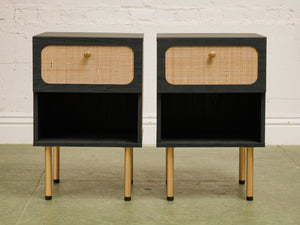 Pair of Black and Rattan Nightstands