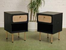 Load image into Gallery viewer, Pair of Black and Rattan Nightstands
