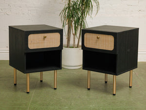 Pair of Black and Rattan Nightstands