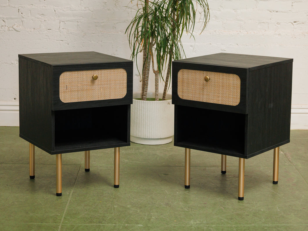 Pair of Black and Rattan Nightstands