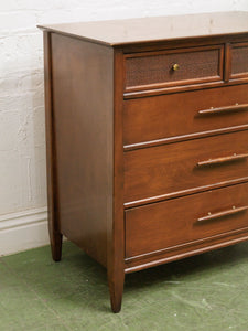 Rattan front Walnut Highboy Dresser 5 drawer