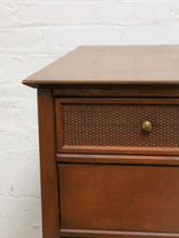 Load image into Gallery viewer, Rattan front Walnut Highboy Dresser 5 drawer
