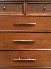 Load image into Gallery viewer, Rattan front Walnut Highboy Dresser 5 drawer
