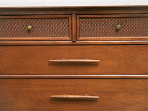 Rattan front Walnut Highboy Dresser 5 drawer