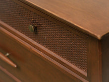 Load image into Gallery viewer, Rattan front Walnut Highboy Dresser 5 drawer
