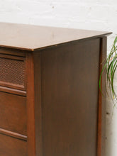 Load image into Gallery viewer, Rattan front Walnut Highboy Dresser 5 drawer
