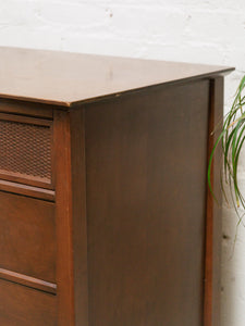 Rattan front Walnut Highboy Dresser 5 drawer