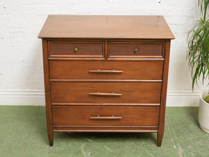 Rattan front Walnut Highboy Dresser 5 drawer