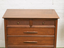 Load image into Gallery viewer, Rattan front Walnut Highboy Dresser 5 drawer
