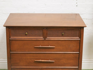 Rattan front Walnut Highboy Dresser 5 drawer