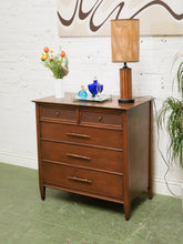 Load image into Gallery viewer, Rattan front Walnut Highboy Dresser 5 drawer
