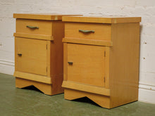 Load image into Gallery viewer, Pair of vintage mid-century nightstands with open cabinet doors
