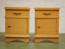 Load image into Gallery viewer, Pair of vintage mid-century nightstands with open cabinet doors
