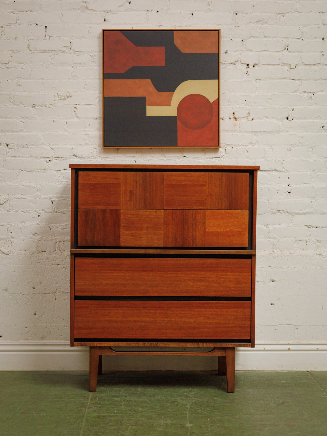 Walnut, two-tone high boy mid-century vintage dresser