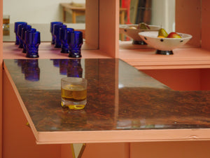 1960s fold out bar, bookshelf, curio hutch in salmon pink with Formica top