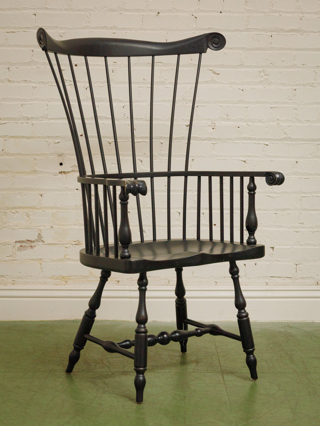20th C Antique Windsor Comb Back Black Painted Arm Chair