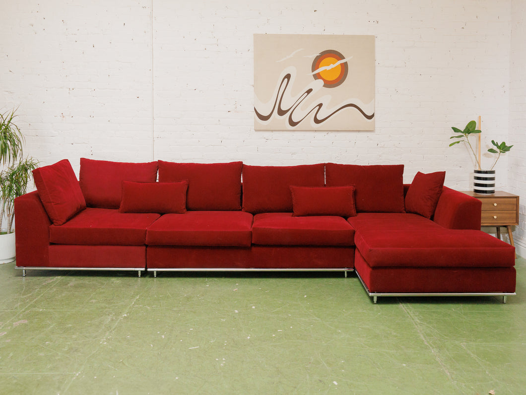Vintage raspberry sectional sofa with chrome base