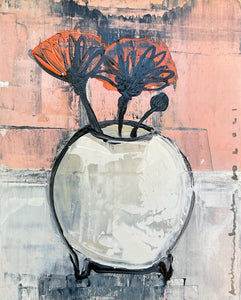Orange Flowers in a Vase, Painting on Canvas