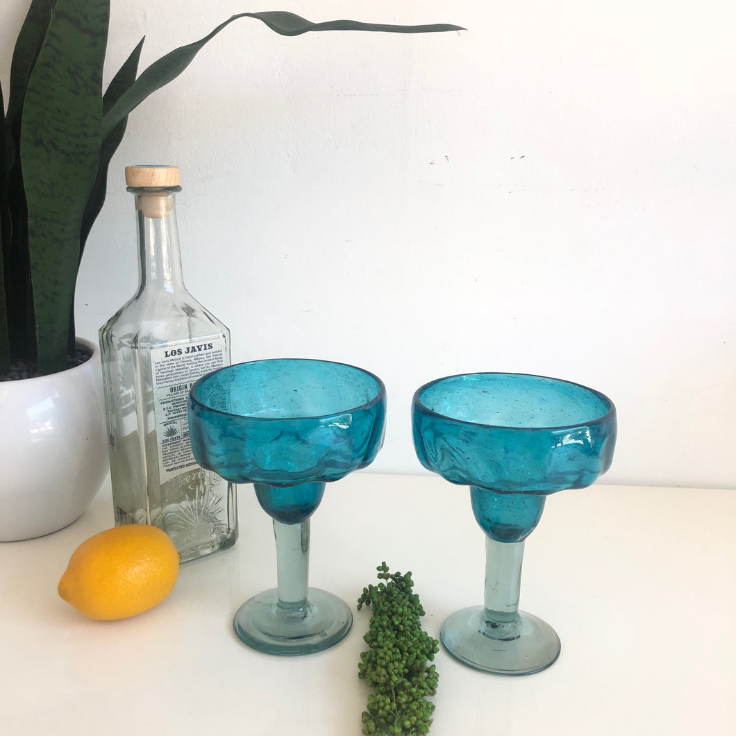 Pair of Handblown Glass Aqua Margarita Glasses