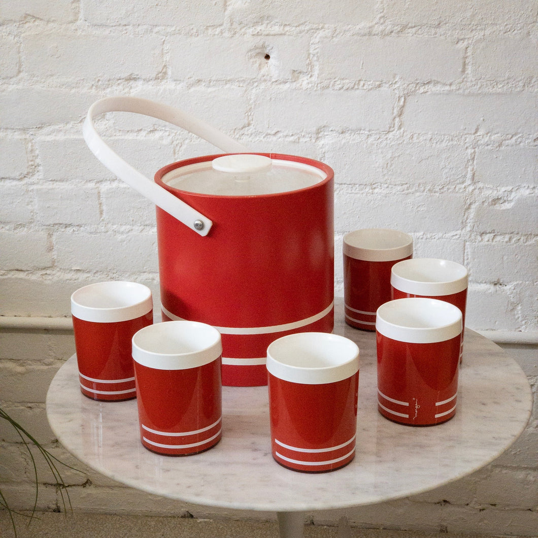 Red with White Striped Vintage Cups and Ice Box Set