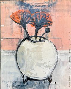 Orange Flowers in a Vase, Painting on Canvas
