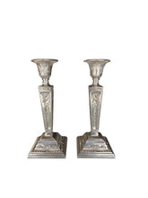Load image into Gallery viewer, English Late Victorian engraved Silver Plated Repousse Candlesticks
