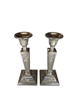 Load image into Gallery viewer, English Late Victorian engraved Silver Plated Repousse Candlesticks
