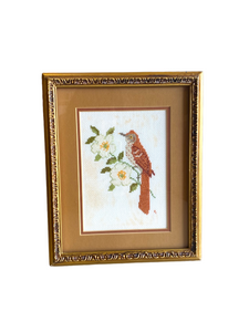 Framed Cross Stitch Needlepoint of a Brown Thrasher