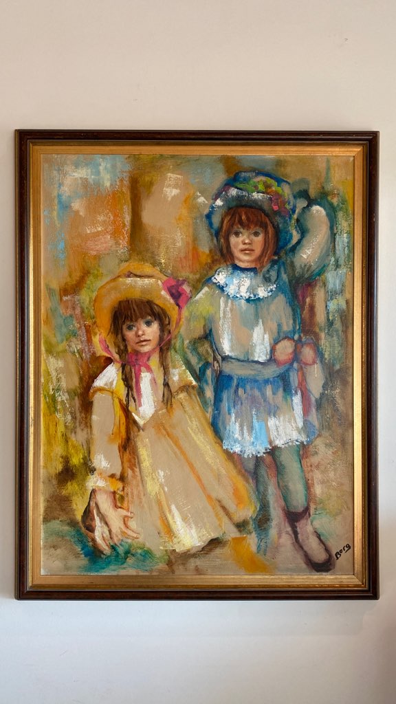 Mid Century Painting of 2 girls Irene Borge