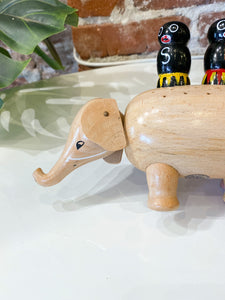 Japanese Wooden Elephant Salt + Pepper/Toothpick Holder