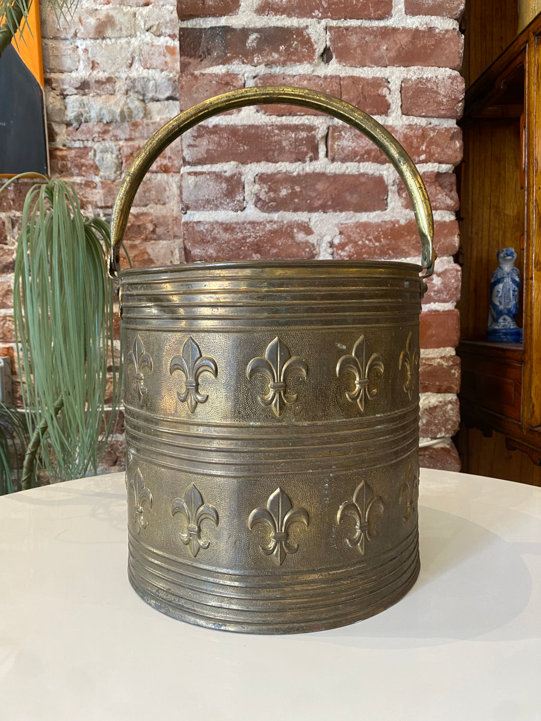 Vintage Brass Bucket with Fleur-de-lis Motif