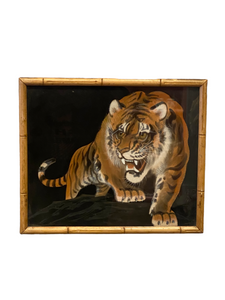 Vintage Painting of Tiger in Bamboo Frame