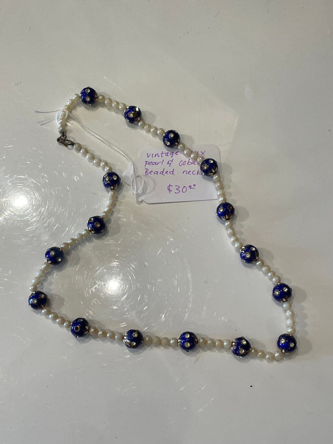 Vintage Faux Pearl and Cobalt Beaded Necklace