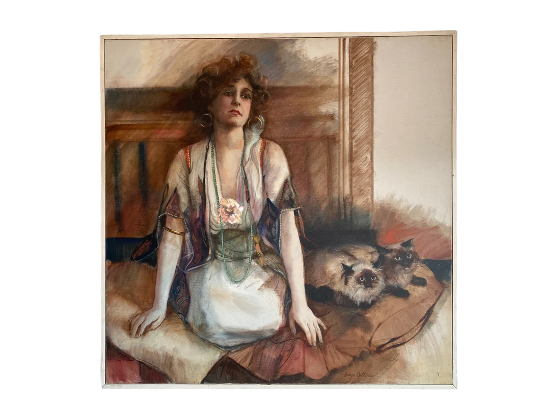 Vintage Lady with Cats Painting  Huge