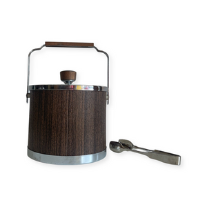 60s Chrome and Walnut ice Bucket with Tongs