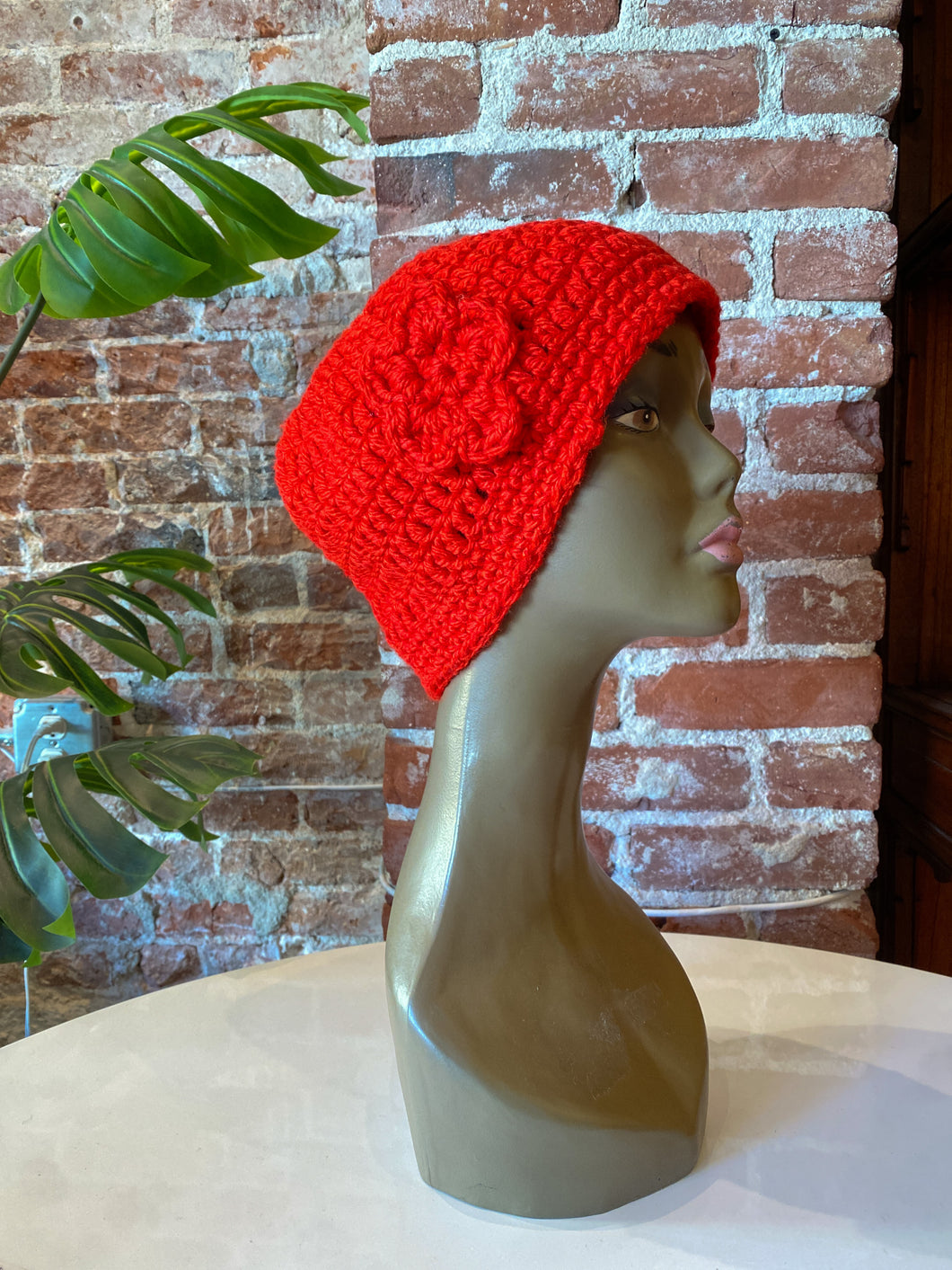 Red Crochet Beanie with Flower Detail