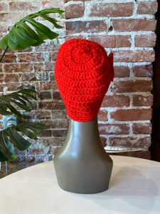 Red Crochet Beanie with Flower Detail